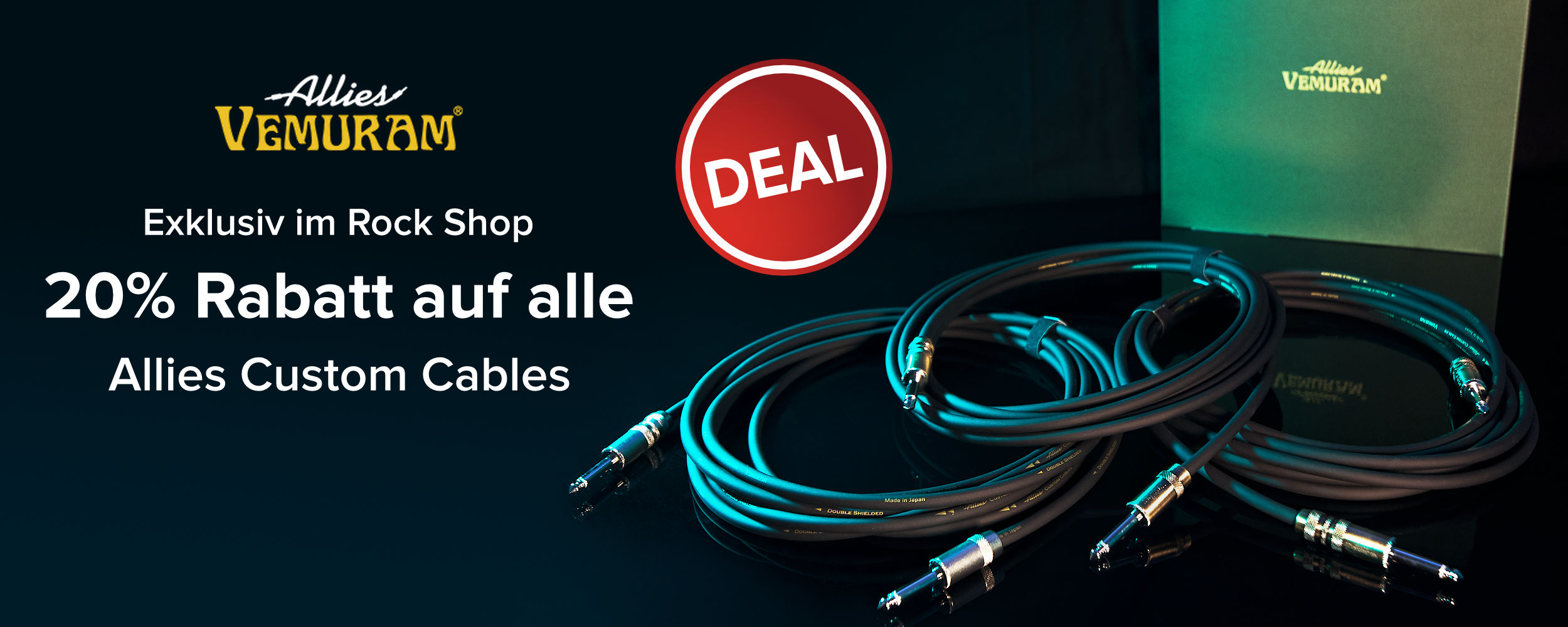 Banner mit Bild von drei Vemuram Allies Custom Instrumentenkabeln im Hintergrund. Daneben der Text: „Exklusiv im Rock Shop - 20% Rabatt auf alle Allies Custom Cables“