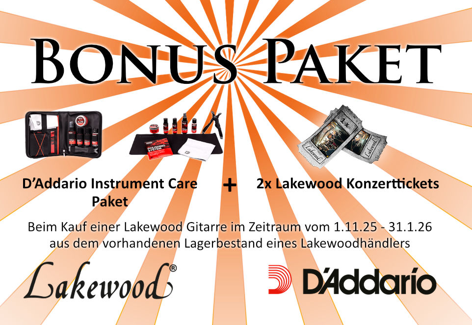 Banner für ein Lakewood Bonus Paket, bestehend aus D'Addario Instrument Care Kit & zwei Lakewood Konzerttickets, welches man sich zwischen dem 01.11.2025 & 31.01.2026 kostenlos beim Kauf einer Lakewood Gitarre sichern kann.