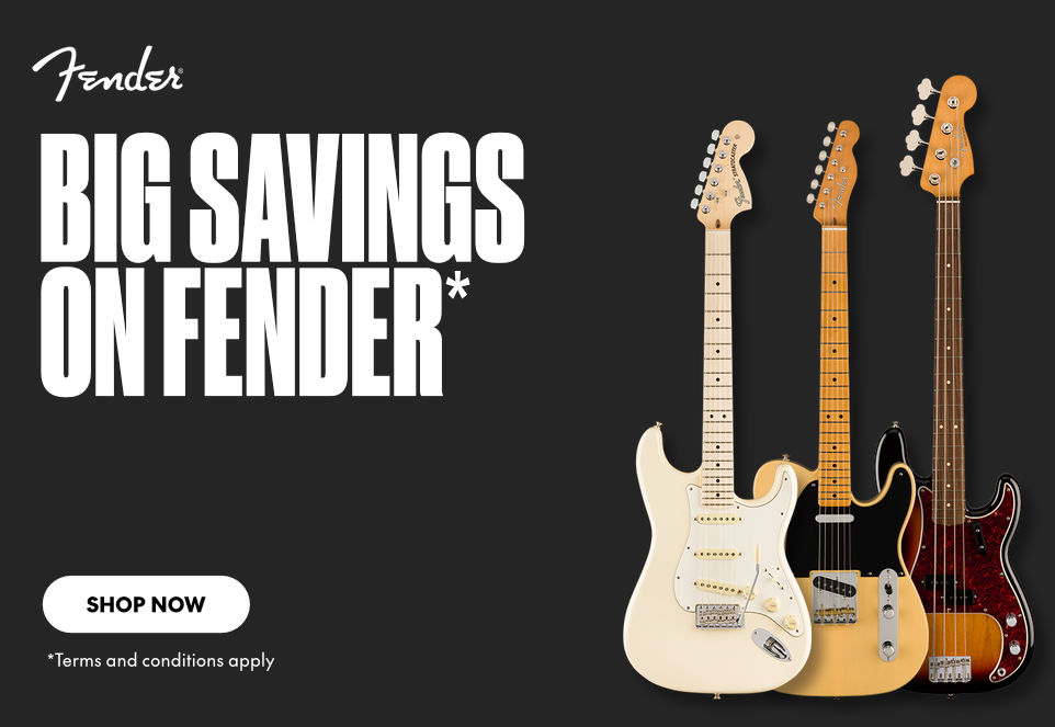 Fender banner with the title “Big savings on Fender” and images of Stratocaster, Telecaster, and Precision Bass guitars next to it.
