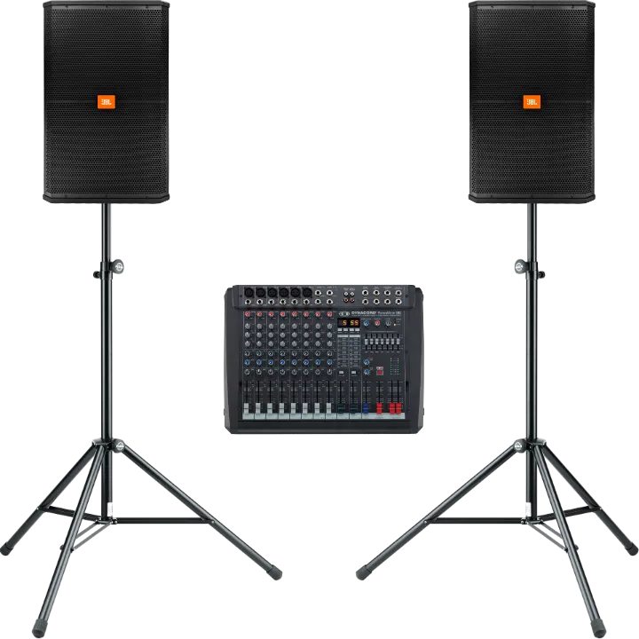 Soundpaket 2.0 Pro, bestehend zwei JBL 15 Zoll Lautsprechern, Lautsprecherstativen und einem Mischpult