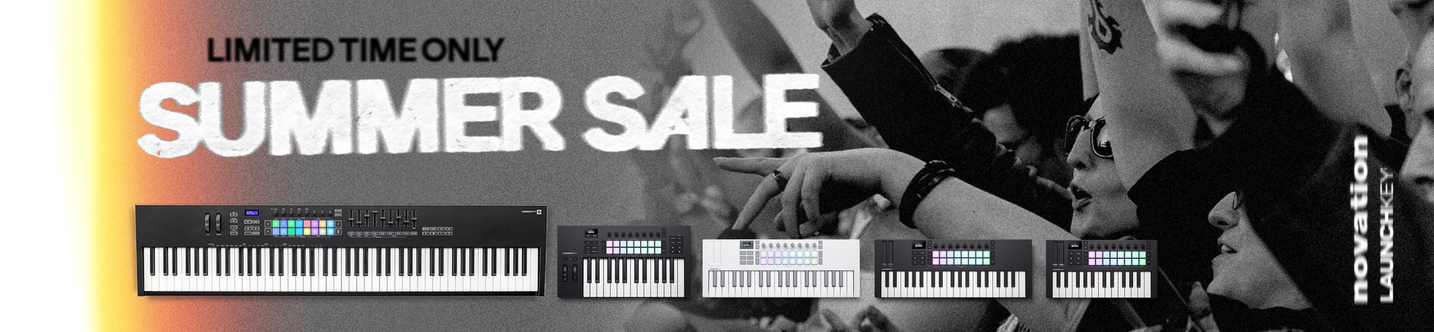 Novation Summer Sale banner featuring images of several Launchkey Master keyboards in the foreground. Next to them is the text “Limited time only.” In the background is a cheering crowd.