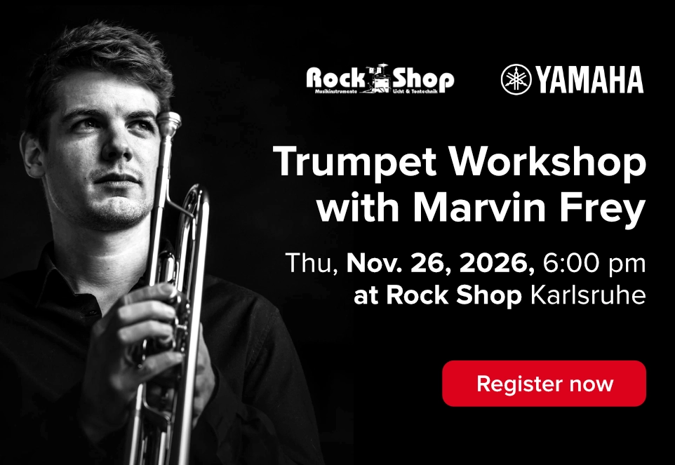 Banner for a trumpet workshop with Marvin Frey, on Thursday, November 26, 2026, at Rock Shop Karlsruhe. Featuring logos for Yamaha and Rock Shop, as well as a “Register now” button