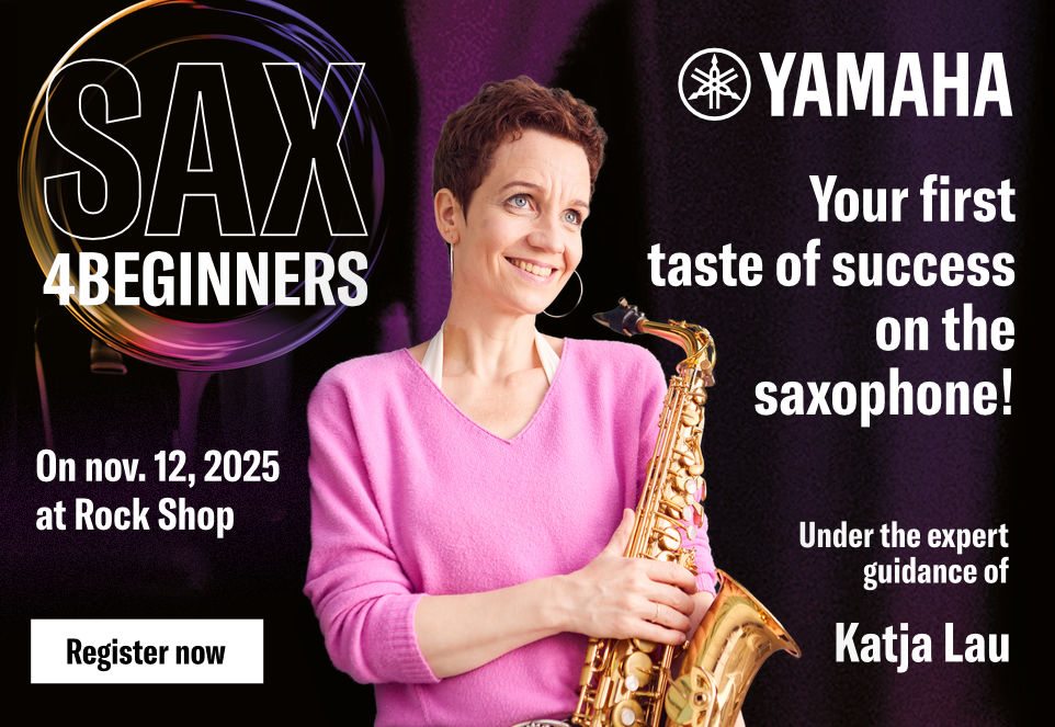 Woman holding saxophone promotes Yamaha “SAX 4 Beginners” workshop on Nov. 12, 2025 at Rock Shop with Katja Lau – tagline: “Your first taste of success on the saxophone!”