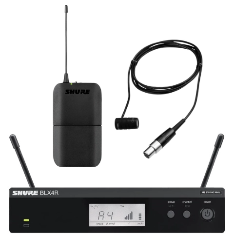 Funkanlagen-Set, bestehend aus Shure WL183 Lavaliermikrofon, Shure BLX1 Taschensender und Shure BLX4RE Empfänger