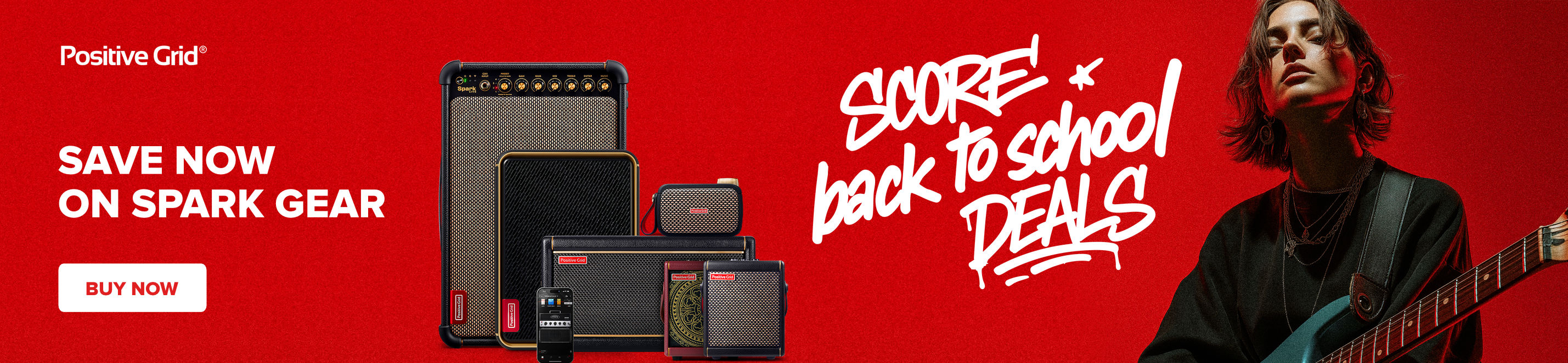 Promotional banner by Positive Grid showing Spark amplifiers with the text ‘Score back to school deals – Save now on Spark gear’, next to a woman holding an electric guitar.
