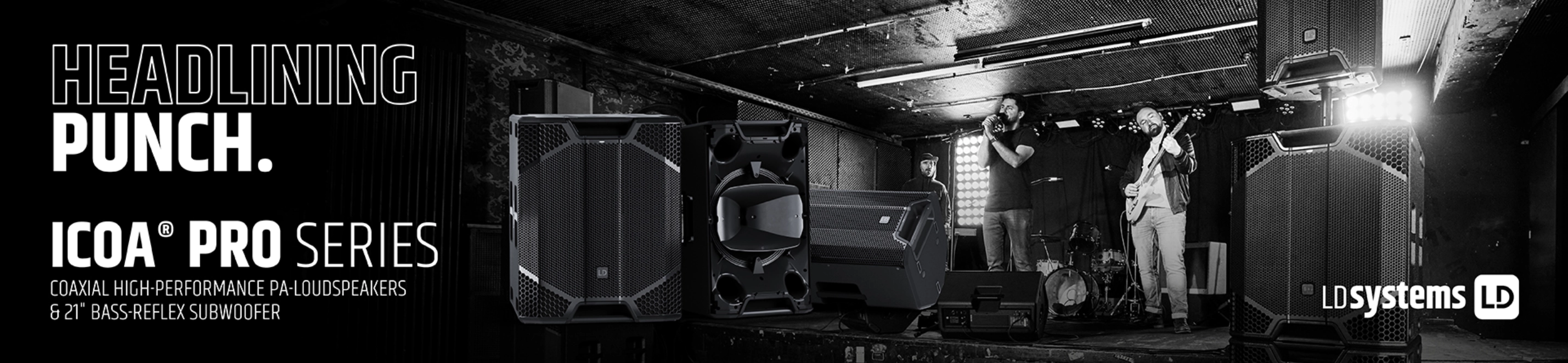 LD Systems ICOA Pro Series PA-Lautsprecher und 21-Zoll-Bassreflex-Subwoofer bei einem Live-Auftritt auf der Bühne