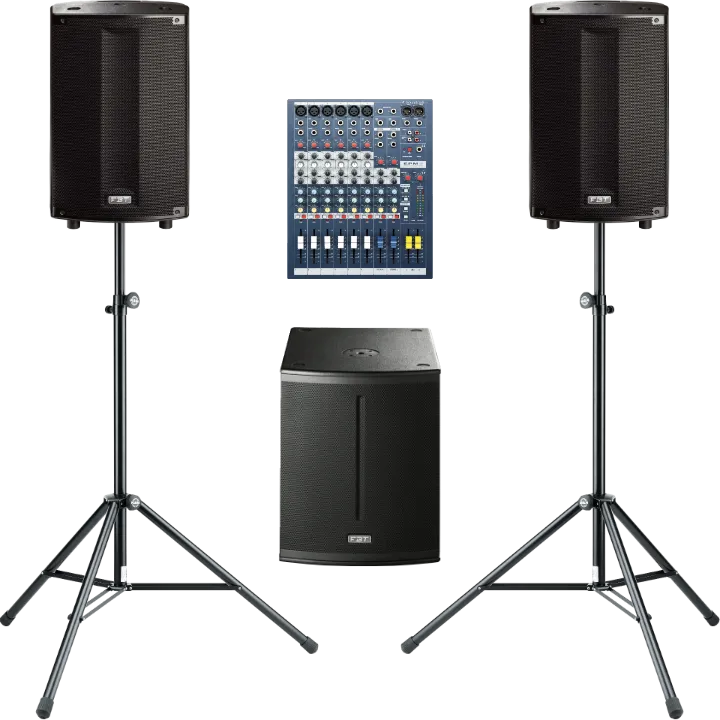 Soundpaket 2.1 FBT, bestehend aus zwei 12 Zoll FBT Lautsprechern mit Stativen, einem 15 Zoll FBT Subwoofer und einem Mischpult