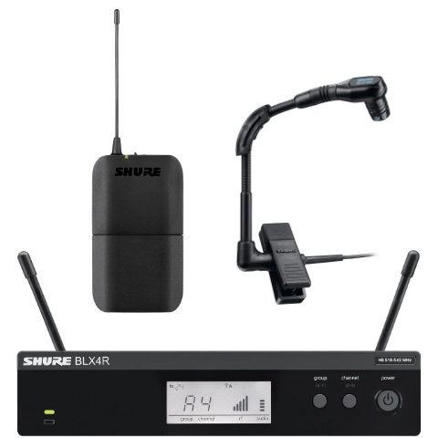Funkanlagen-Set, bestehend aus Shure WB98H Clip-Mikrofon, Shure BLX1 Taschensender und Shure BLX4RE Empfänger