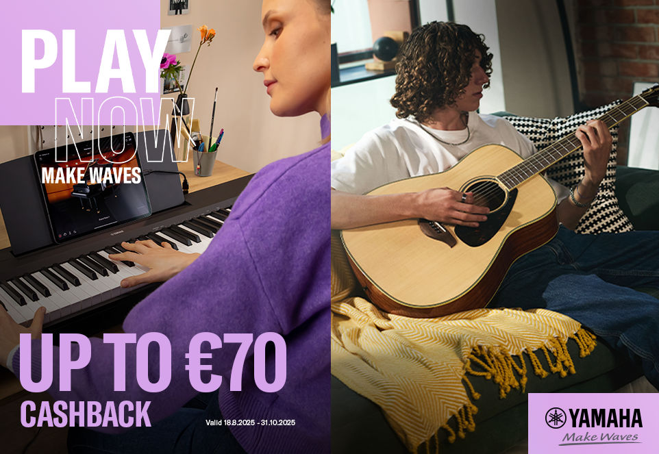 Two scenes: person playing a Yamaha digital piano with tablet, next to person with acoustic guitar and up to 70 Euro cashback promotion text.