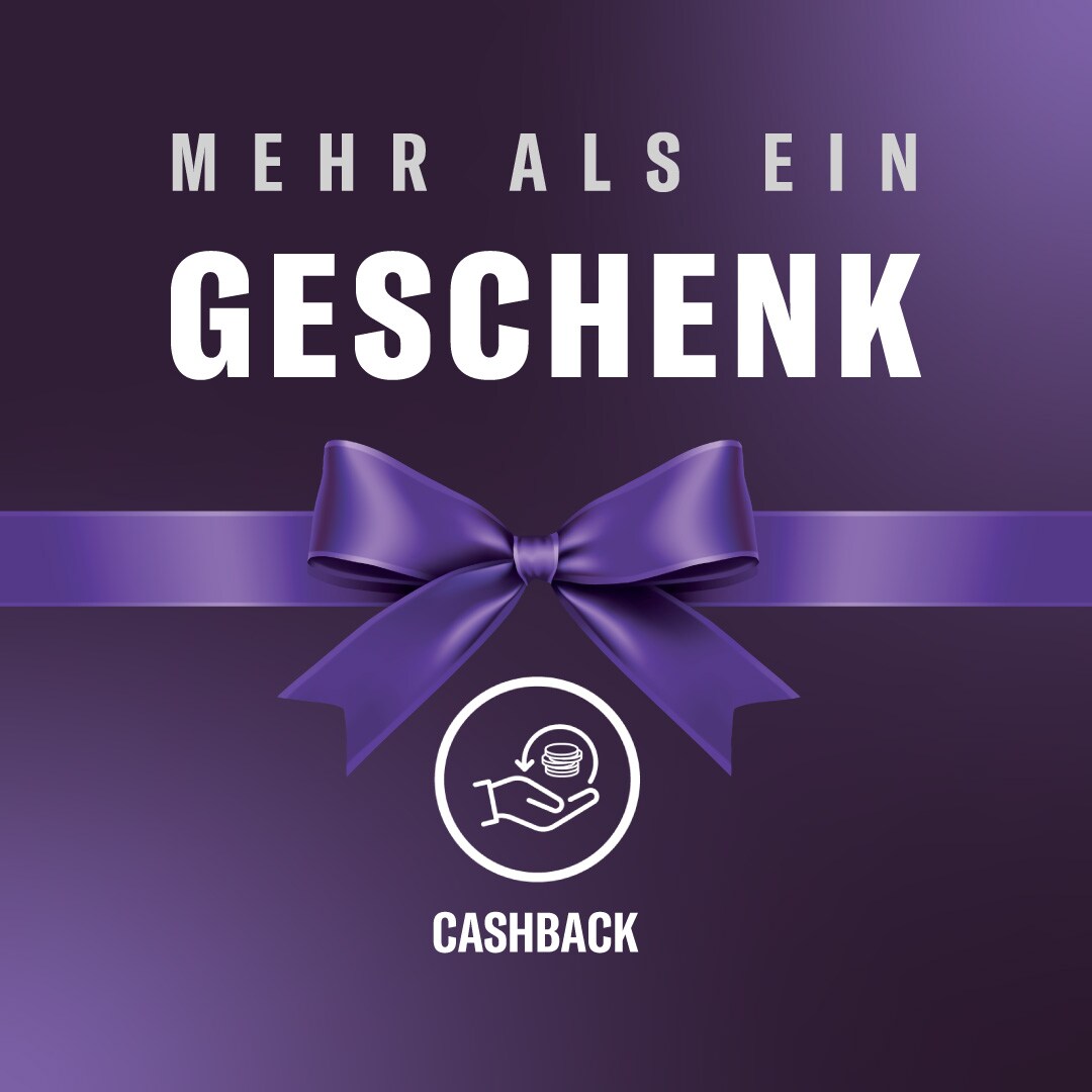 „Mehr als ein Geschenk“ Grafik mit Schleife & Cashback-Symbol.