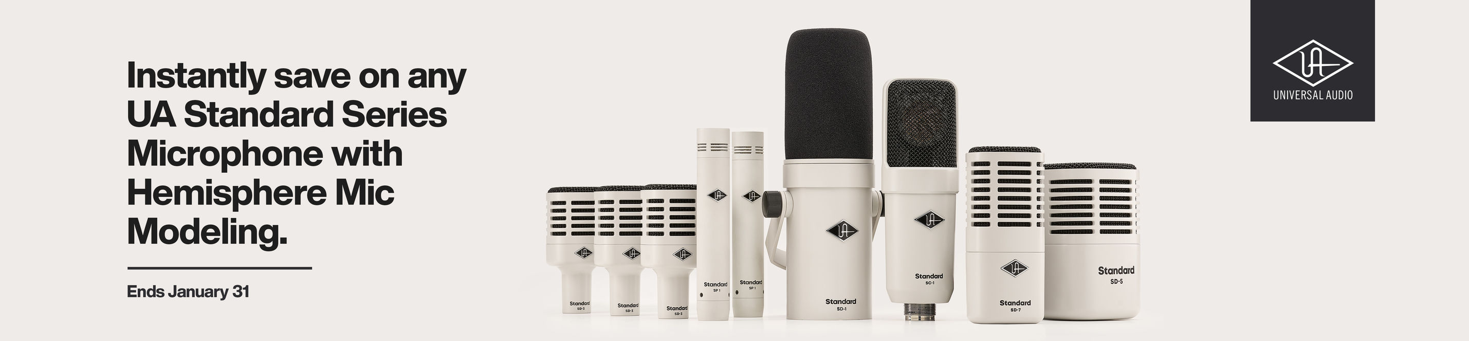 Universal Audio promotional banner featuring microphones from the UA Standard Series, accompanied by the text “Instantly save on any UA Standard Series Microphone with Hemisphere Mic Modeling - Ends January 31”