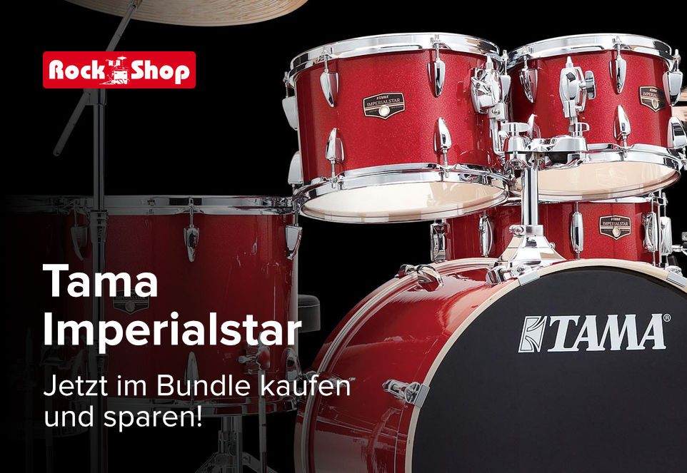 Banner mit rotem Tama Imperialstar Schlagzeug, vor schwarzem Hintergrund. Daneben der Text: „Tama Imperialstar – Jetzt als Bundle kaufen und sparen!“