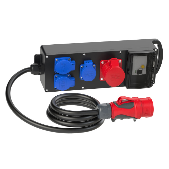 PCE Steyregg mobiler Vollgummiverteiler 400 V mit 16 A Stecker (1x CEE-Steckdose, 3x Schuko-Steckdose)