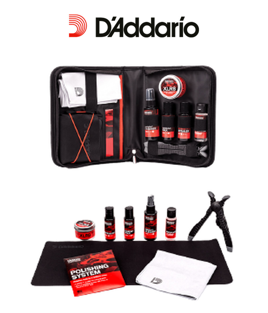 D'Addario Instrument Care Kit bestehend aus verschiedenen Reinigungs- & Pflegemitteln für Gitarren, Kopfständer, Mikrofaser-Poliertuch & hochwertiger Aufbewahrungsmappe.