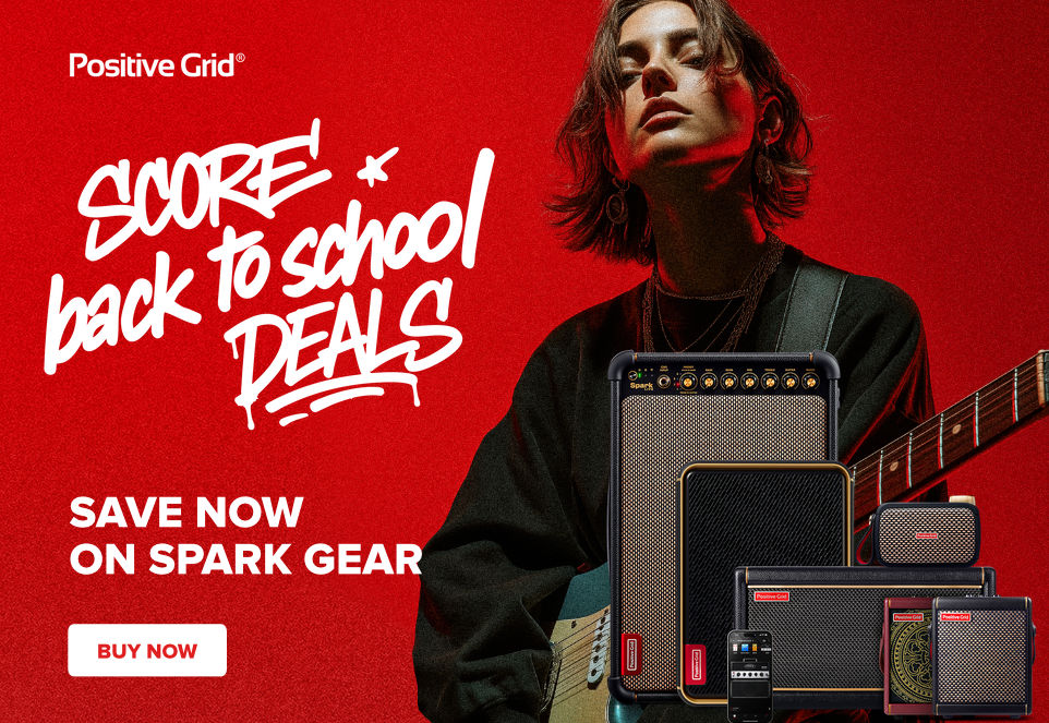 Promotional banner by Positive Grid showing Spark amplifiers with the text ‘Score back to school deals – Save now on Spark gear’, next to a woman holding an electric guitar.