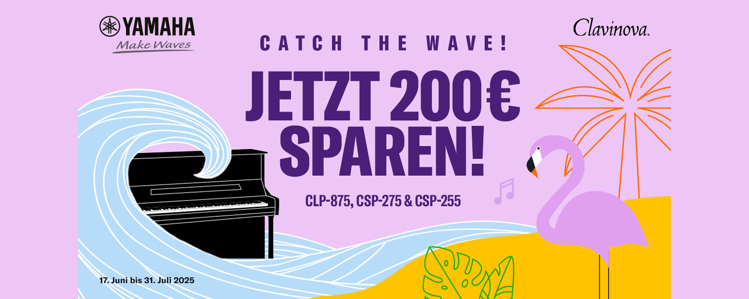 Ein Klavier hinter einer Welle auf rosafarbenem Hintergrund. Nebenan ein Flamingo und eine Palme.