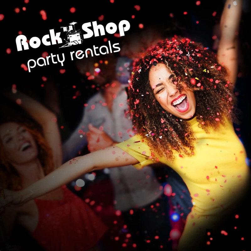 Cheering woman at a party with confetti in her hair, next to the “Rock Shop Partyverleih” logo.