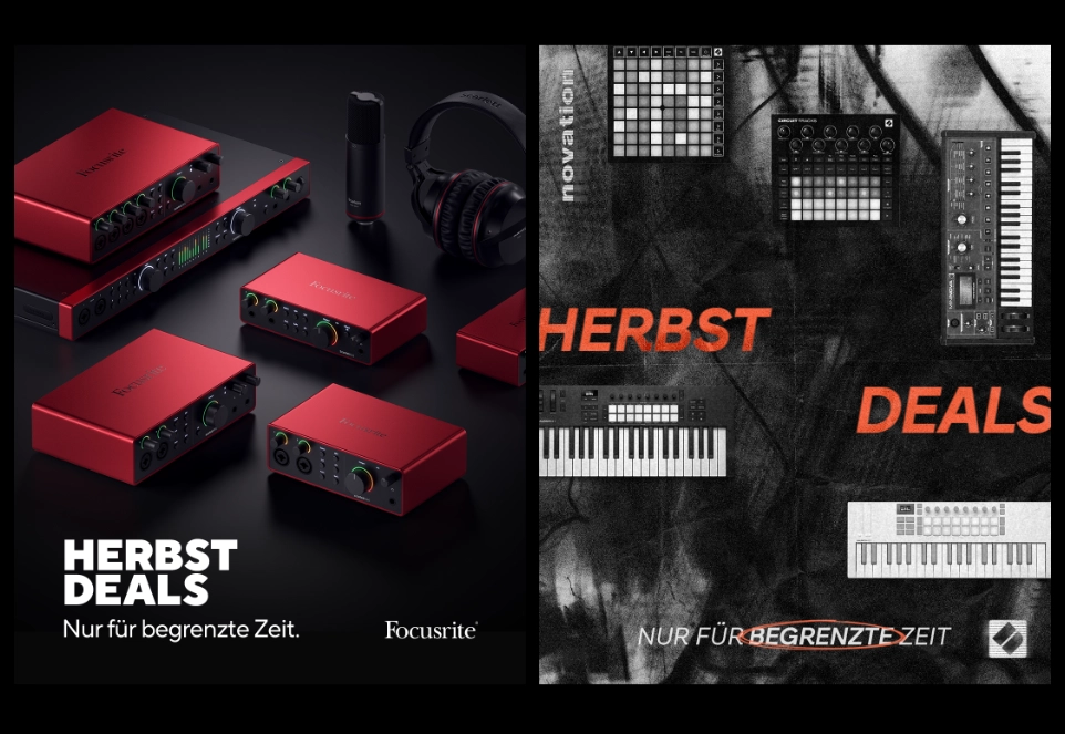 Focusrite und Novation Herbst Deals Banner mit Schriftzug „Nur für begrenzte Zeit:“ Links: Ein Bild mehrerer Audiointerfaces der Focusrite Scarlett-Serie. Rechts: Mehrere Novation Launchkey, Launchpad und Circuit Produkte.