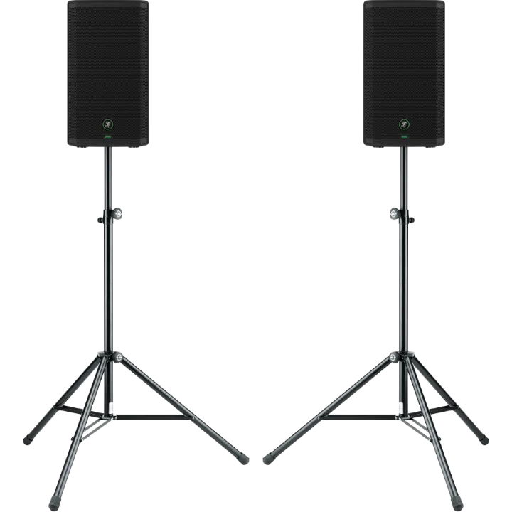 Soundpaket 2.0 Akku, bestehend aus zwei 12 Zoll Mackie 212 GO Akku-Lautsprechern mit Stativen