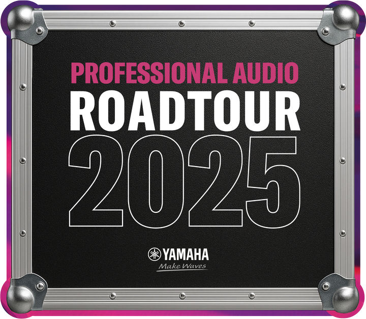Logo-Grafik der Yamaha Professional Audio Roadtour 2025 im Stil eines schwarzen Flightcases.