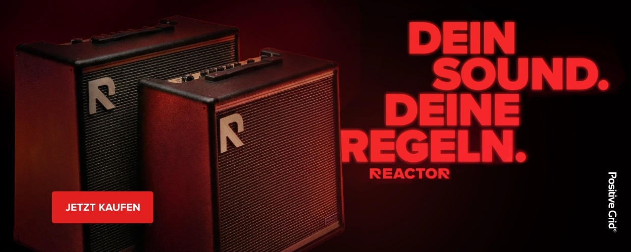 Banner für Positive Grid Reactor Gitarrenverstärker, mit dem Slogan „Dein Sound Deine Regeln“ und einem Button „Jetzt kaufen.“