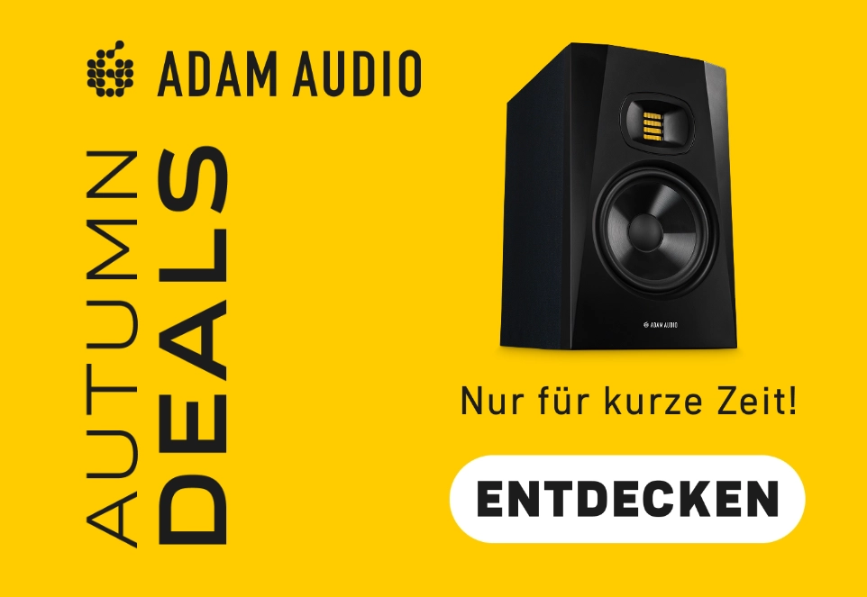 Adam Audio Autumn Deals Banner mit gelbem Hintergrund und Abbildung eines T7V Abhörmonitors. Dazu ein Schriftzug „Nur für kurze Zeit!“ und ein Button „Entdecken.“