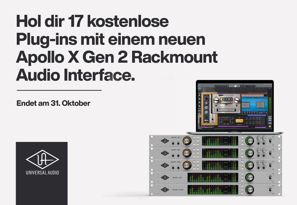Universal Audio Banner mit Apollo X Gen 2 Rackmount Audio Interfaces, Hinweis auf 17 kostenlose Plug-ins bis 31. Oktober.