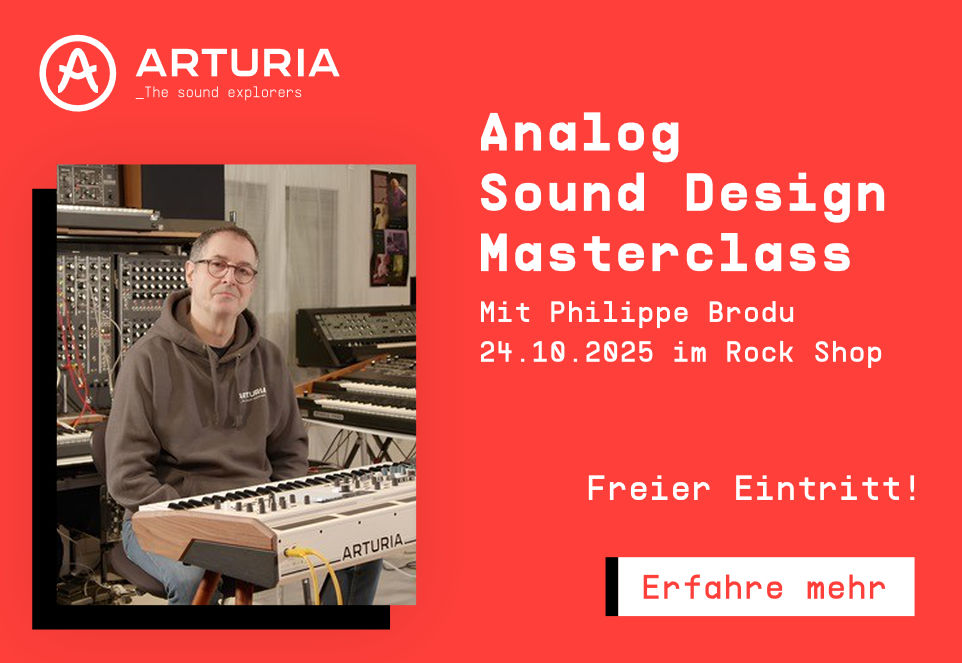 Arturia Banner zur Analog Sound Design Masterclass mit Philippe Brodu am 24.10.2025 im Rock Shop, freier Eintritt, mit Bild eines Mannes vor großen Modularsynthesizern.
