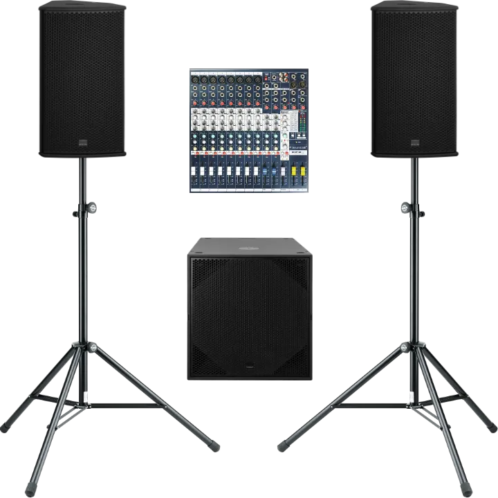 Soundpaket 2.1 Seeburg, bestehend aus zwei 12 Zoll Seeburg Lautsprechern mit Stativen, einem 15 Zoll Seeburg Subwoofer und einem Mischpult