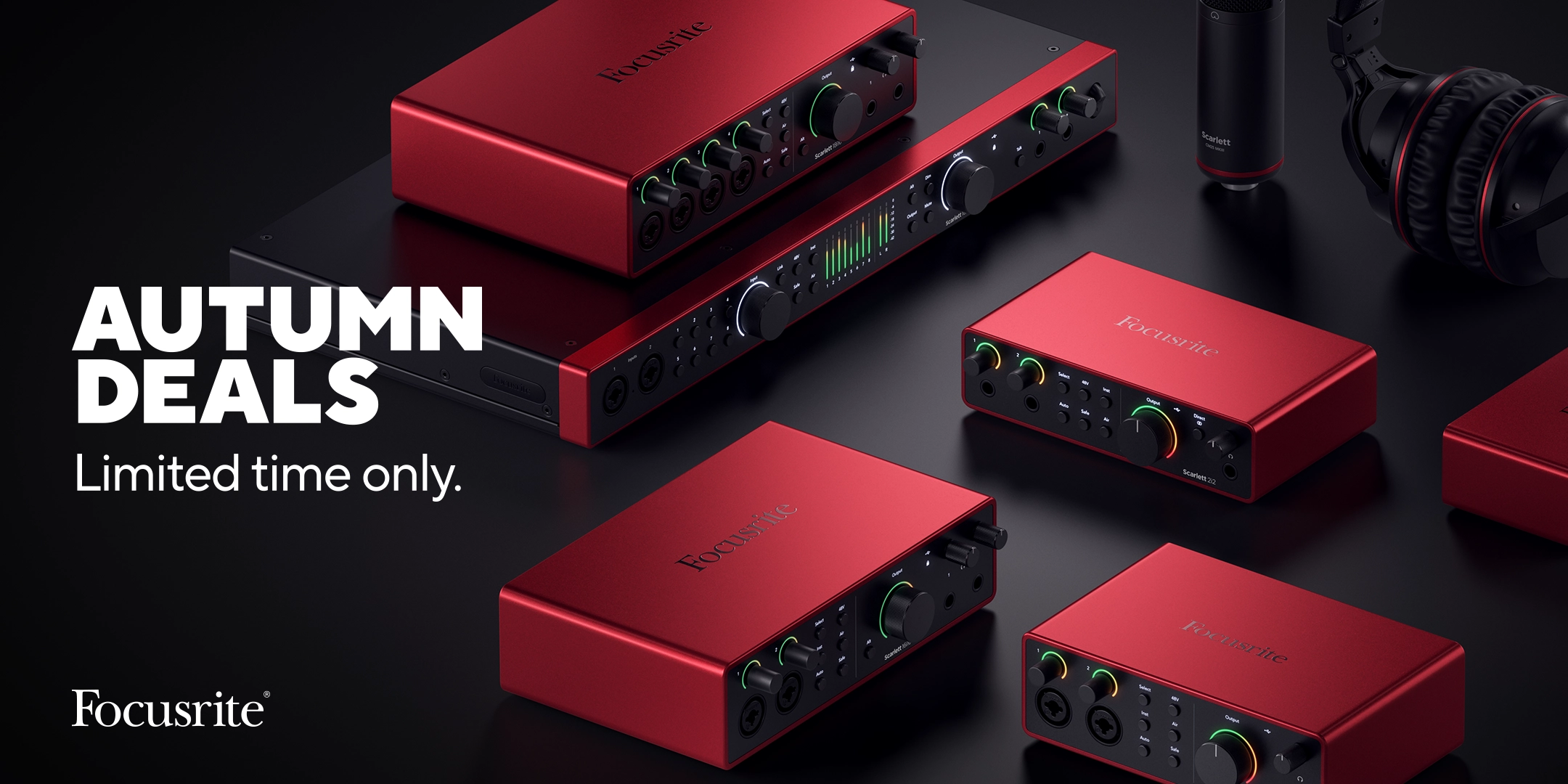 Focusrite Autumn Deals banner featuring several Scarlett series audio interfaces in the background. It also includes the text “Limited time only.”