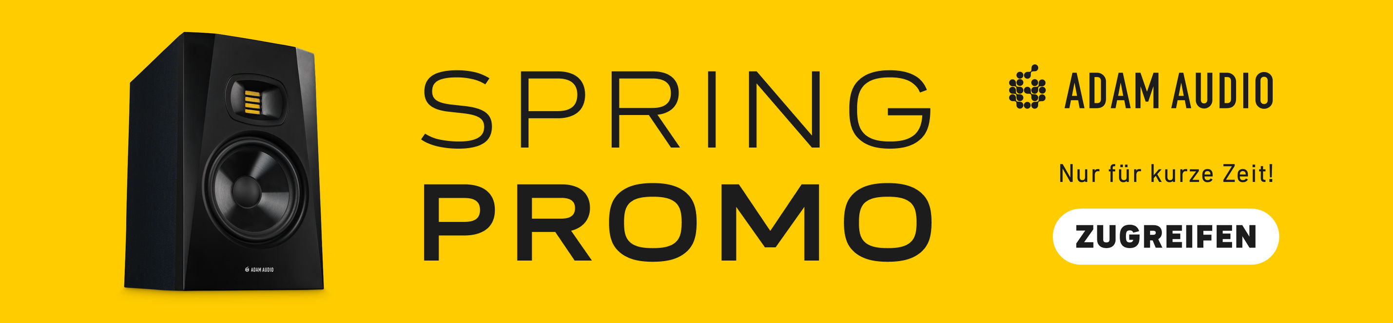 Adam Audio Banner mit Abbildung eines T7V Studiomonitors. Dazu die Schriftzüge: „SPRING PROMO“, „Nur für kurze Zeit“ und ein Button: „ZUGREIFEN“
