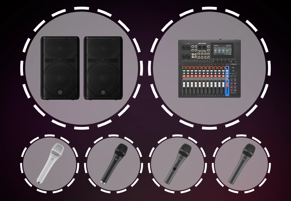 Abbildung der Preise: Ein Pärchen Yamaha DXR10 MK3 PA-Lautsprecher, ein Yamaha MGX12B Digitalmischpult und die Gesangsmikrofone Yamaha YDM707W, YDM707B, YDM505S und YDM505.