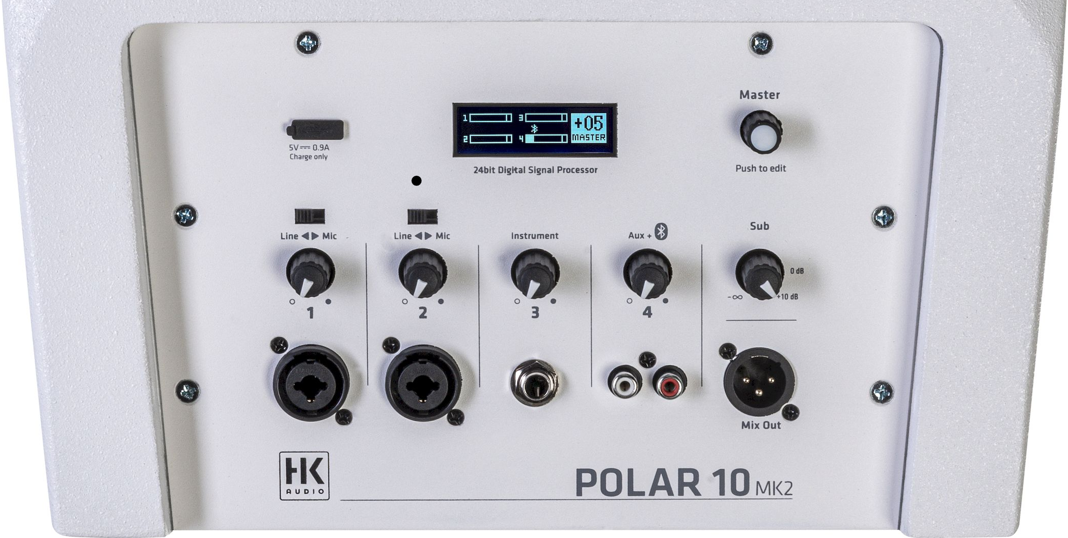 Das 4-Kanal Mischpult einer Polar 10 Mk2, mit Eingängen & Reglern für die vier Kanäle, einer 24bit DSP-Sektion, einem Lautstärkeregler für den Subwoofer und einem XLR-Ausgang für das Summensignal.
