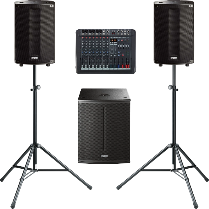 Soundpaket 2.1 Pro, bestehend aus zwei 12 Zoll FBT Lautsprechern mit Stativen, einem 18 Zoll FBT Subwoofer und einem Mischpult