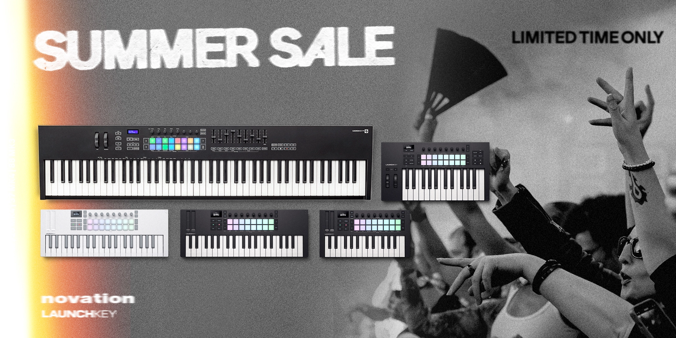 Novation Summer Sale banner featuring images of several Launchkey Master keyboards in the foreground. Next to them is the text “Limited time only.” In the background is a cheering crowd.