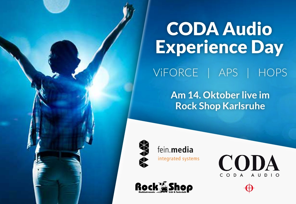 Banner für den CODA Audio Experience Day: „ViFORCE, APS & HOPS am 14. Oktober live im Rock Shop Karlsruhe“ - Dazu Logos der Firmen CODA Audio, fein.media und Rock Shop.