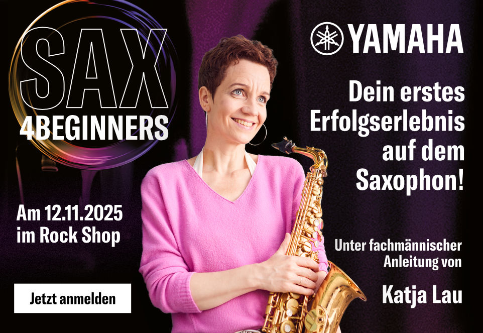 Frau mit Saxophon bewirbt Yamaha-Workshop „SAX 4 Beginners“ am 12.11.2025 im Rock Shop mit Katja Lau – Slogan: „Dein erstes Erfolgserlebnis auf dem Saxophon!“