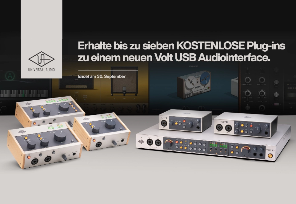 Universal Audio Banner mit Plug-ins im Hintergrund und dem Text „Erhalte bis zu sieben KOSTENLOSE Plug-ins zu einem neuen Volt USB Audiointerface. - Endet am 30. September“, darunter Audiointerfaces der Volt USB Serie.
