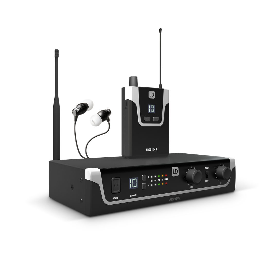 LD Systems U300 IEM Funksystem, bestehend aus Sender, Bodypack-Empfangseinheit und In-Ear Hörern.