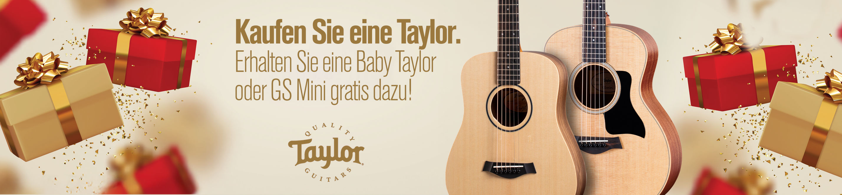 Werbegrafik mit zwei Taylor-Gitarren und Geschenken. Text: „Kaufen Sie eine Taylor. Erhalten Sie eine Baby Taylor oder GS Mini gratis dazu!“