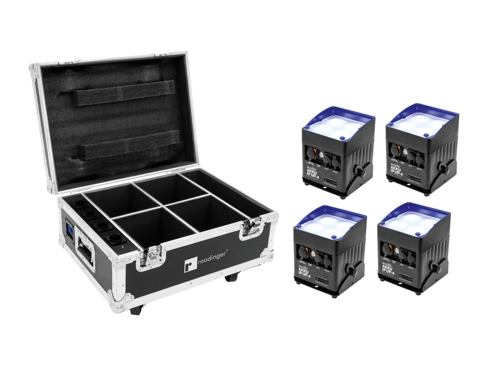 EUROLITE Set 4x AKKU IP UP-4 QCL Spot QuickDMX + Flightcase mit Ladefunktion