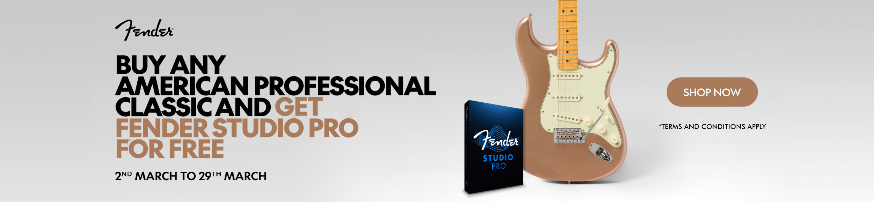 Fender banner with text: “Buy any American Professional Classic and get Fender Studio Pro for free - March 2 to March 29,” next to a Stratocaster & Fender Studio Pro.