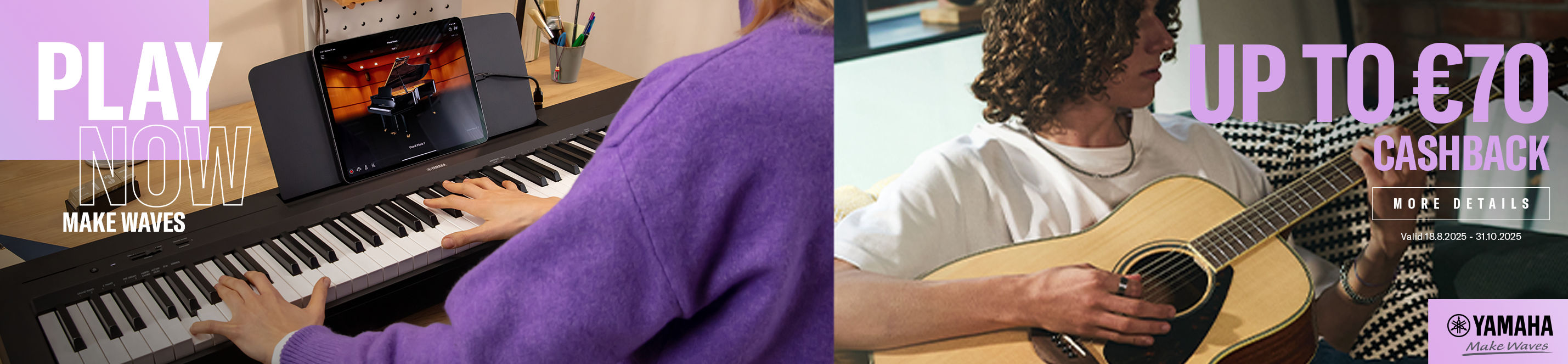 Two scenes: person playing a Yamaha digital piano with tablet, next to person with acoustic guitar and up to 70 Euro cashback promotion text.