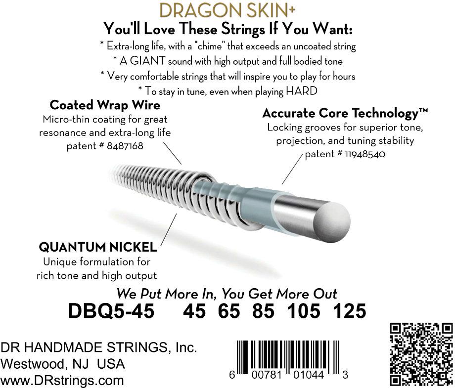 DR DBQ5-45 DRAGON SKIN+ 5-String Light 045-125 Quantum Nickel Electric Bass Strings