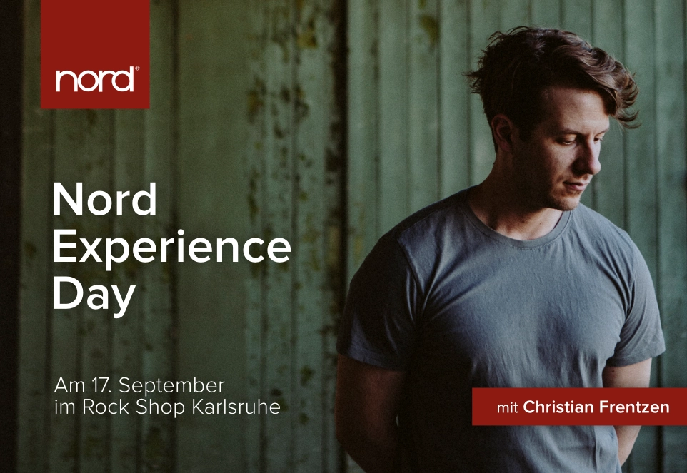 Banner für den ‚Nord Experience Day‘ mit Christian Frentzen, am 17. September im Rock Shop Karlsruhe. Im Hintergrund ein Bild von Christian Frentzen vor einem grünen Scheunentor.