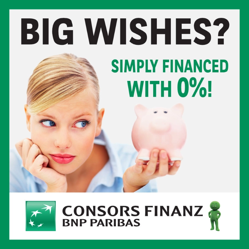Thoughtful woman holding a piggy bank, next to the text “Big dreams? Finance easily with 0%!” and the Consors Finanz BNP Paribas logo.