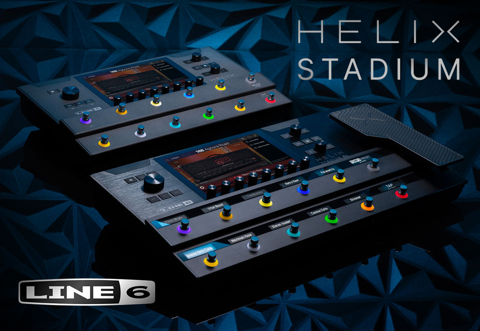 Line 6 Werbebanner mit den Modellen Helix Stadium & Helix Stadium XL im Mittelpunkt, dazu der Schriftzug „HELIX STADIUM“.