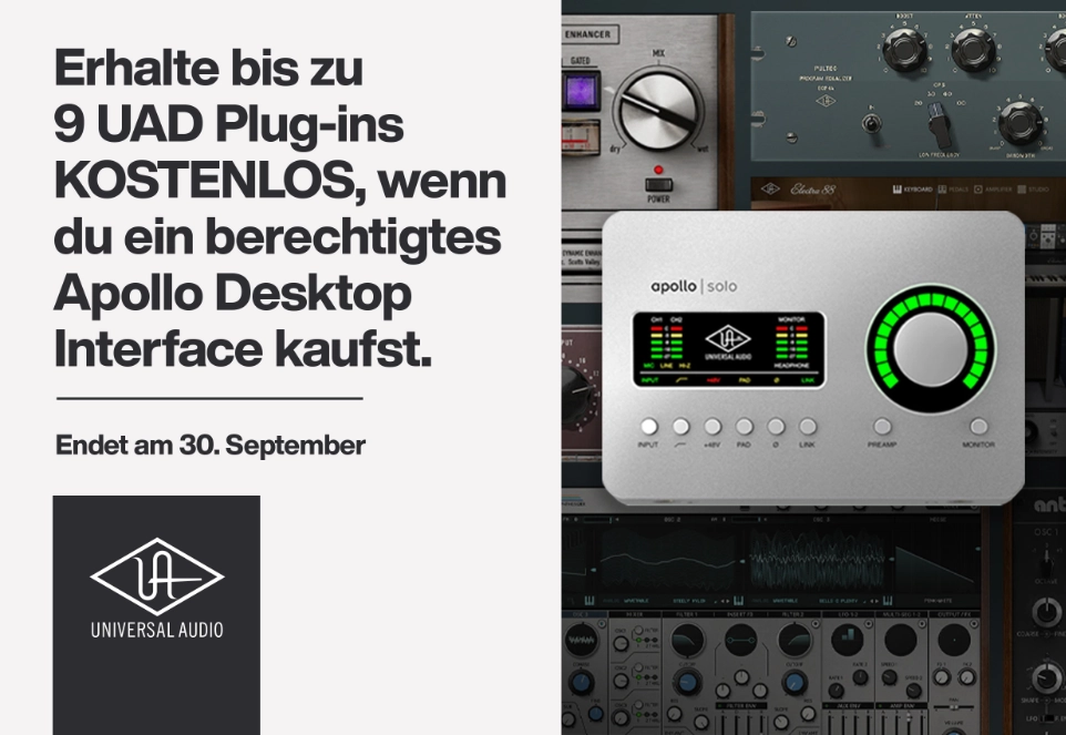 Universal Audio Banner mit dem Text: „Erhalte bis zu 9 UAD Plug-ins KOSTENLOS, wenn du ein berechtigtes Apollo Desktop Interface kaufst. – Endet am 30. September“ und rechts daneben ein Bild des Audiointerfaces Apollo Solo, mit Plug-ins im Hintergrund.