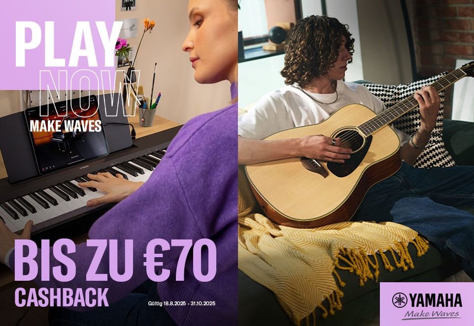 Zwei Szenen: Person spielt Yamaha Digitalpiano mit Tablet, daneben Person mit Akustikgitarre und Hinweis auf bis zu 70 Euro Cashback.