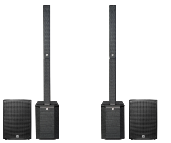 Abbildung eines Stereo-Setups, bestehend aus zwei HK Audio Polar MK2 PA-Säulen, unterstützt durch zwei HK Audio Sonar 115 Sub D Subwoofer.